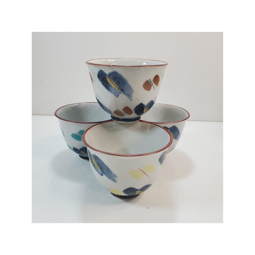 Vintage Japanese Stoneware Smear Painted Design Tea Saki Cups Set of 4